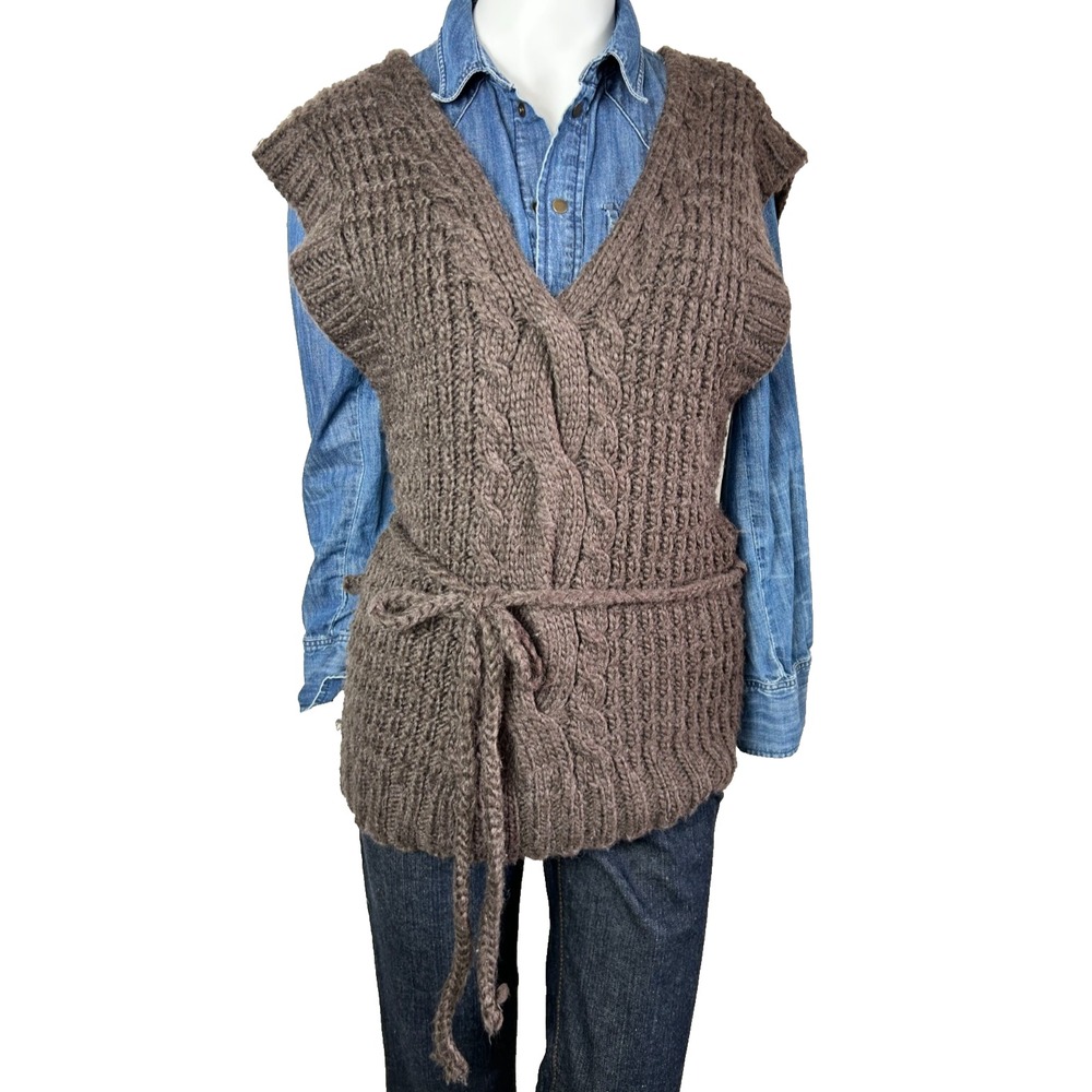 Kenji HandKnit Chunky Sweater Vest M Chocolate Belted Cable Knit Cottagecore